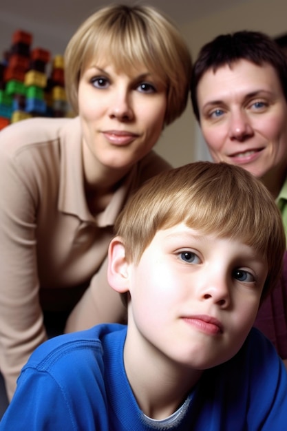 Niño autista y retrato con el apoyo de la madre y el padre en el hogar creado con IA generativa