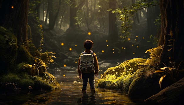 Un niño aventurero está explorando un bosque desconocido.