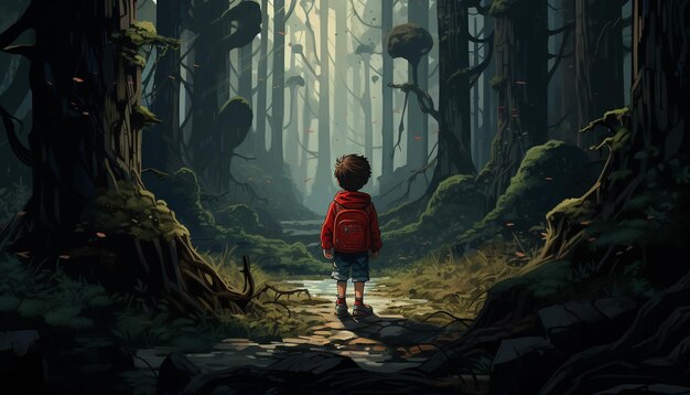 Un niño aventurero está explorando un bosque desconocido.