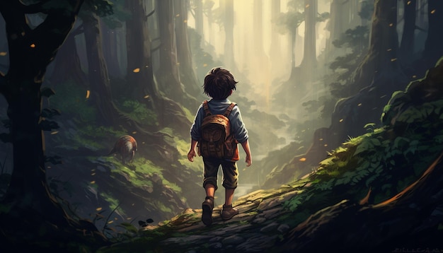 Un niño aventurero está explorando un bosque desconocido.