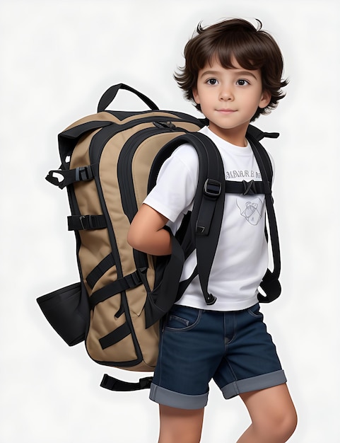 Foto niño aventurero con mochila embarcarse en viaje fondo blanco.