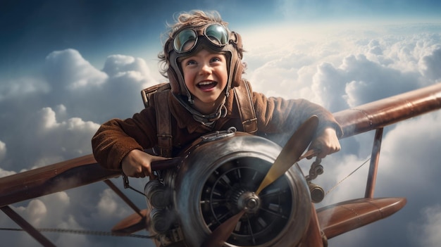 Niño aviador emocionado volando por encima de las nubes en el cielo Imagen generativa de IA weber