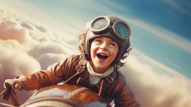 Foto niño aviador emocionado volando por encima de las nubes en el cielo weber de ia generativa