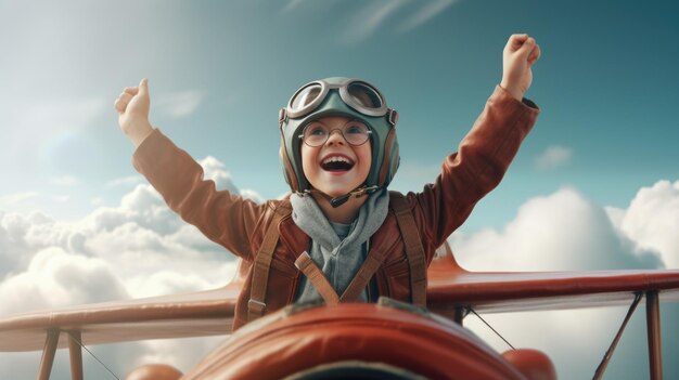 Niño aviador emocionado volando sobre las nubes en el cielo Imagen generativa de IA weber