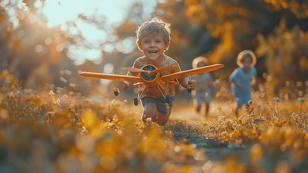 un niño con un avión de juguete en la espalda corre a través de la hierba