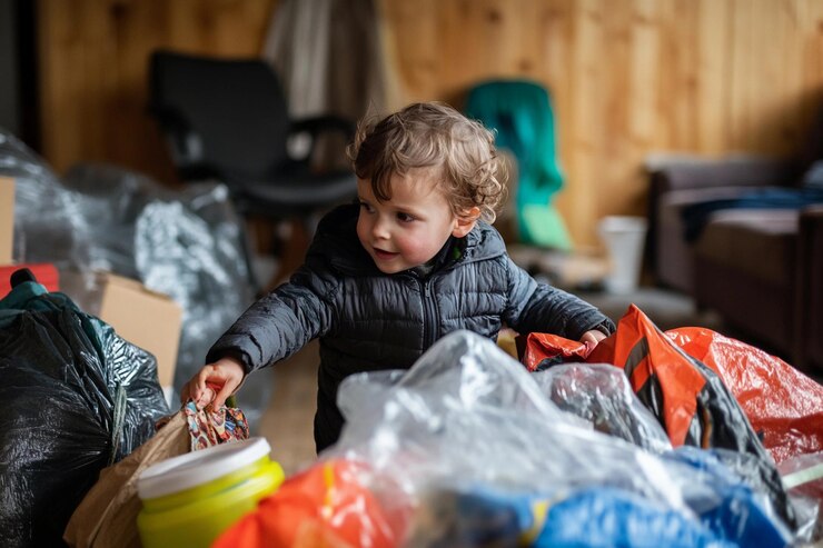 Niño ayuda a clasificar bolsas de basura de colores en un entorno interior desordenado IA generativa