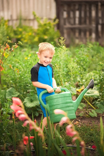 El niño ayuda con el jardín de verano.