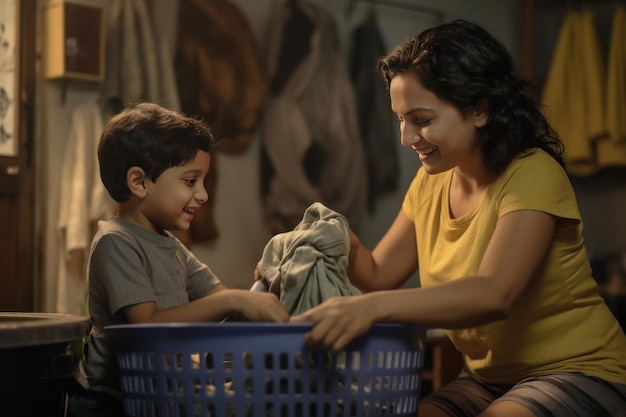 niño ayudando a su madre en las tareas del hogar