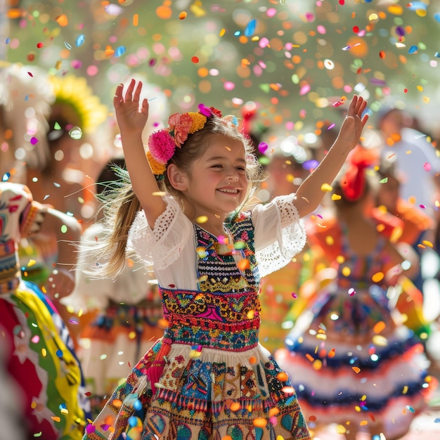 Niño bailando en un traje folclórico brillante en una celebración tradicional mexicana