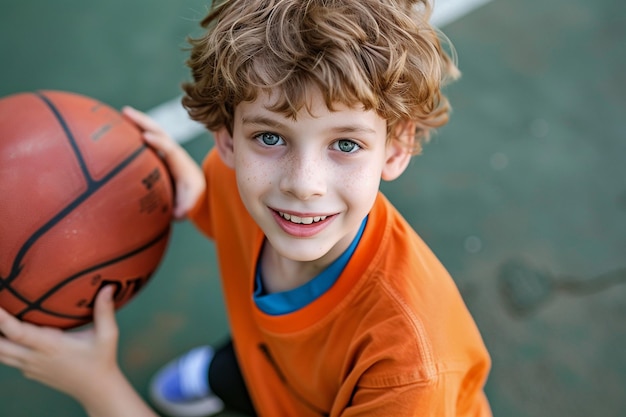 Foto niño con baloncesto sonriendo al aire libre con ia generada