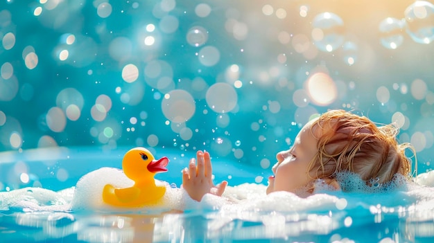 Un niño se baña en un baño de burbujas con un pato enfoque selectivo