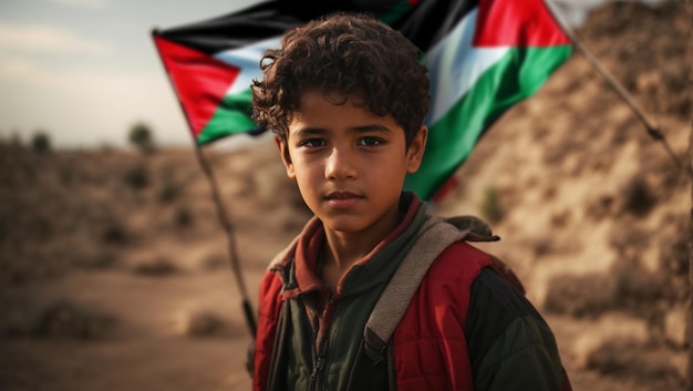 niño con la bandera de Palestina en el fondo