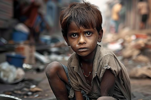 Niño en el barrio pobre Niños pobres indios del barrio pobre