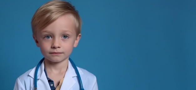 Un niño con una bata blanca de laboratorio con un estetoscopio alrededor del cuello frente a un fondo azul