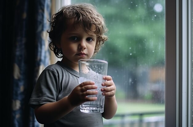 El niño bebe agua de un vaso grande