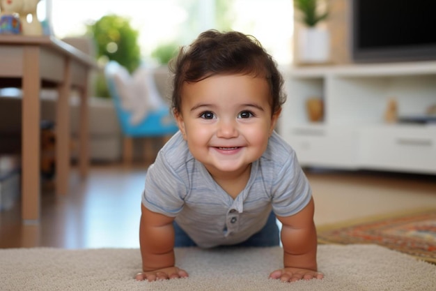 Foto niño bebé gracioso arrastrándose en el interior en el hogar ar