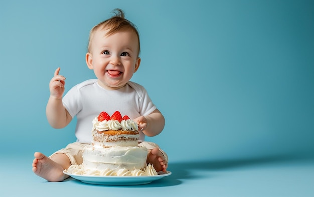 niño bebé con pastel que muestra postre en fondo de color sólido