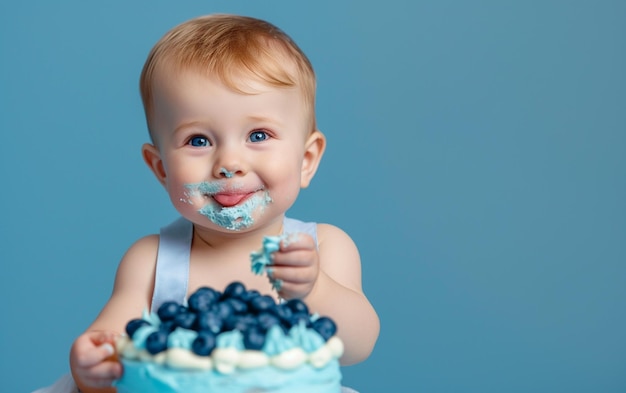 niño bebé con pastel que muestra postre en fondo de color sólido