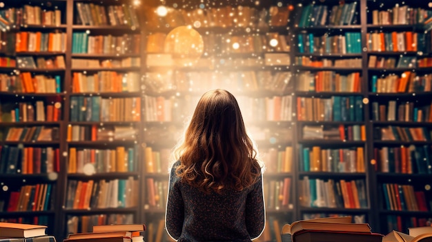 Niño en una biblioteca rodeado de libros un universo de historias esperando ser exploradas