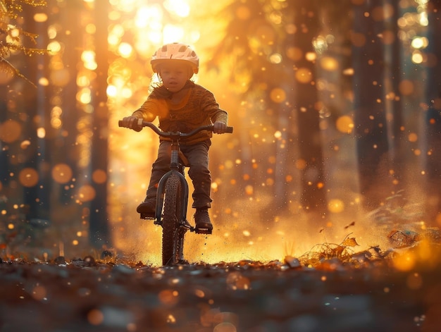 Niño en bicicleta en el bosque