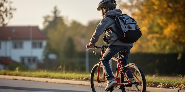 Niño en bicicleta camino a la escuela