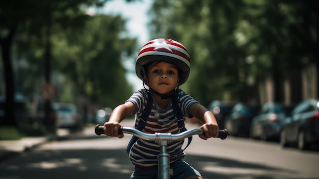 Un niño en bicicleta con un casco de estrella