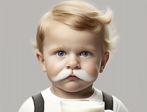 Un niño con bigote sosteniendo un vaso de leche.