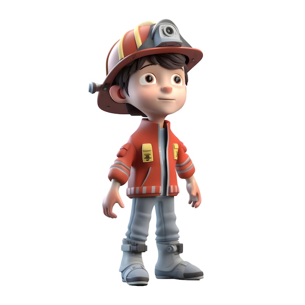 Niño bombero 3D trabajador con uniforme perfecto para campañas municipales o gubernamentales aisladas sobre fondo blanco