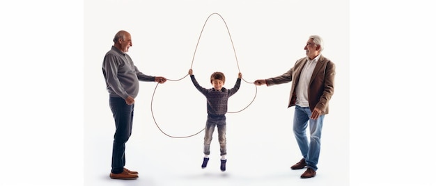 Niño Bond multigeneracional saltando la cuerda con su padre y su abuelo en fondo blanco