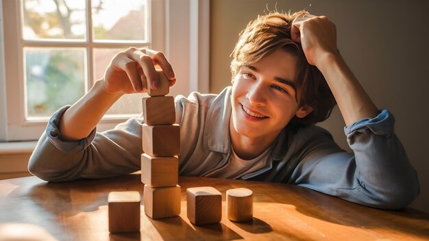 Foto un niño bonito jugando con cubos de madera en casa.