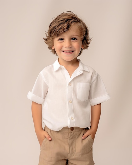 Niño bonito modelo sonriente posando ante la cámara en estudio brillante IA generativa