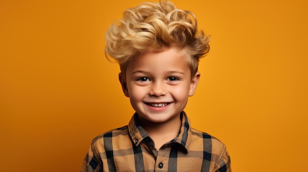 Niño bonito modelo sonriente posando ante la cámara en estudio brillante IA generativa