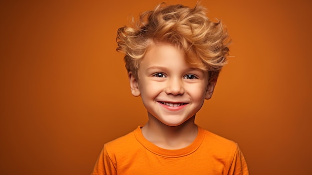 Niño bonito modelo sonriente posando ante la cámara en estudio brillante IA generativa