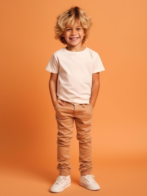 Niño bonito modelo sonriente posando en cámara en estudio brillante