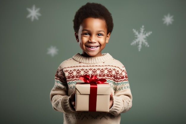 Niño bonito en suéter de invierno con regalo de Navidad