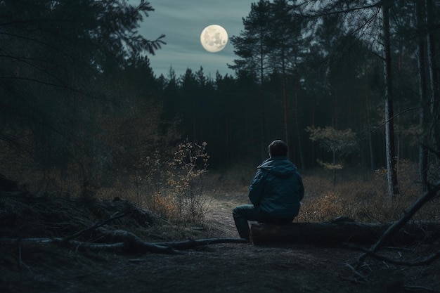 Niño en el bosque y mirando la luna IA generativa