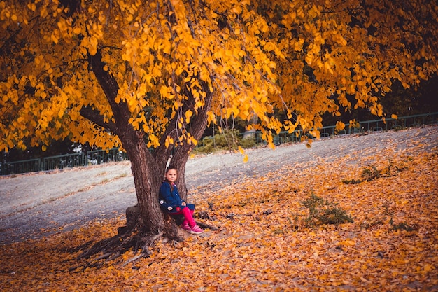 Niño en el bosque de otoño niña en chaqueta azul está sentada bajo un gran árbol y mirando a la cámara ye ...