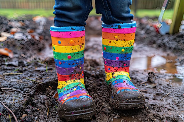 Niño con botas de lluvia verdes y púrpuras está en un charco de barro