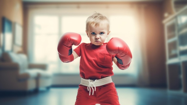 El niño boxeador con guantes está listo para pelear.