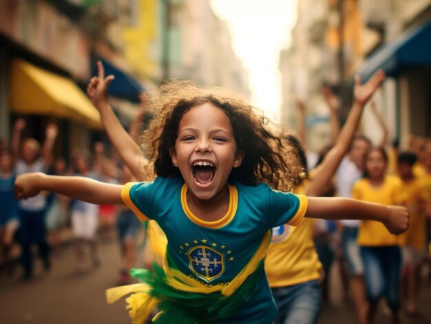 Un niño brasileño celebra la victoria de su equipo de fútbol