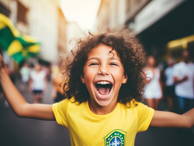 Un niño brasileño celebra la victoria de su equipo de fútbol