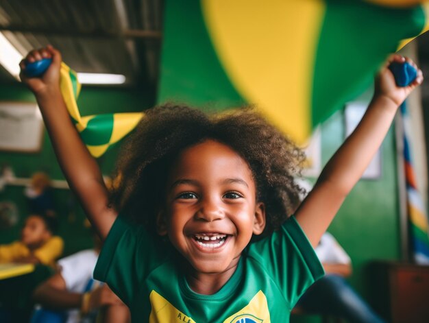 Un niño brasileño celebra la victoria de su equipo de fútbol