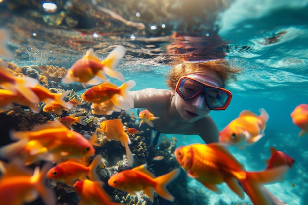 Un niño buceando junto a un colorido pez dorado en un arrecife de coral lleno de vida