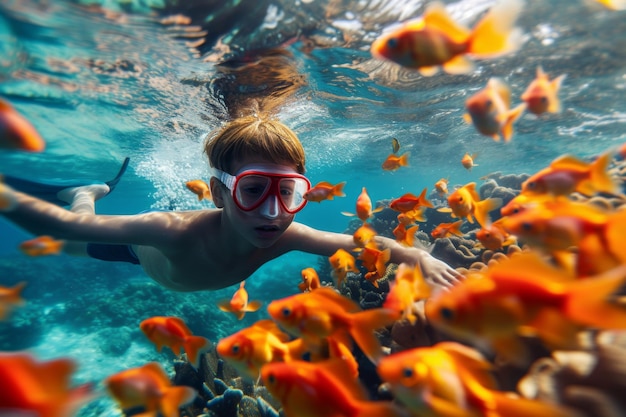 Un niño buceando junto a un colorido pez dorado en un arrecife de coral lleno de vida