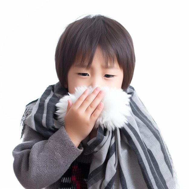 Foto un niño con una bufanda cubriendo su cara y la palabra que es