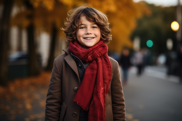 un niño con una bufanda roja en una calle de la ciudad