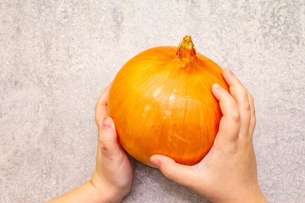 Niño con bulbo de cebolla gigante fresca