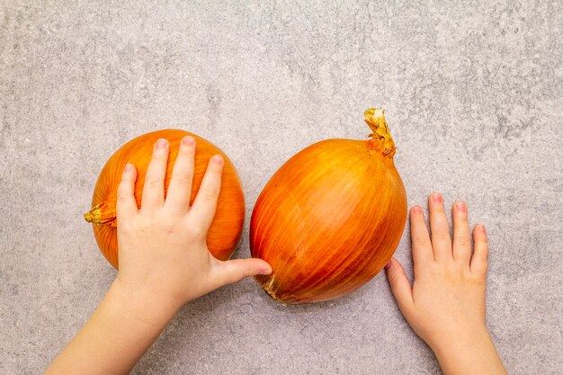 Niño con bulbo de cebolla gigante fresca