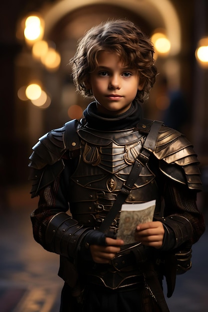 Un niño caballero medieval sosteniendo una tarjeta de presentación con un diseño creativo de sesión de fotos