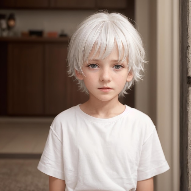 un niño con cabello blanco y una camisa blanca con ojos azules y una camiseta blanca que dice " la palabra ".